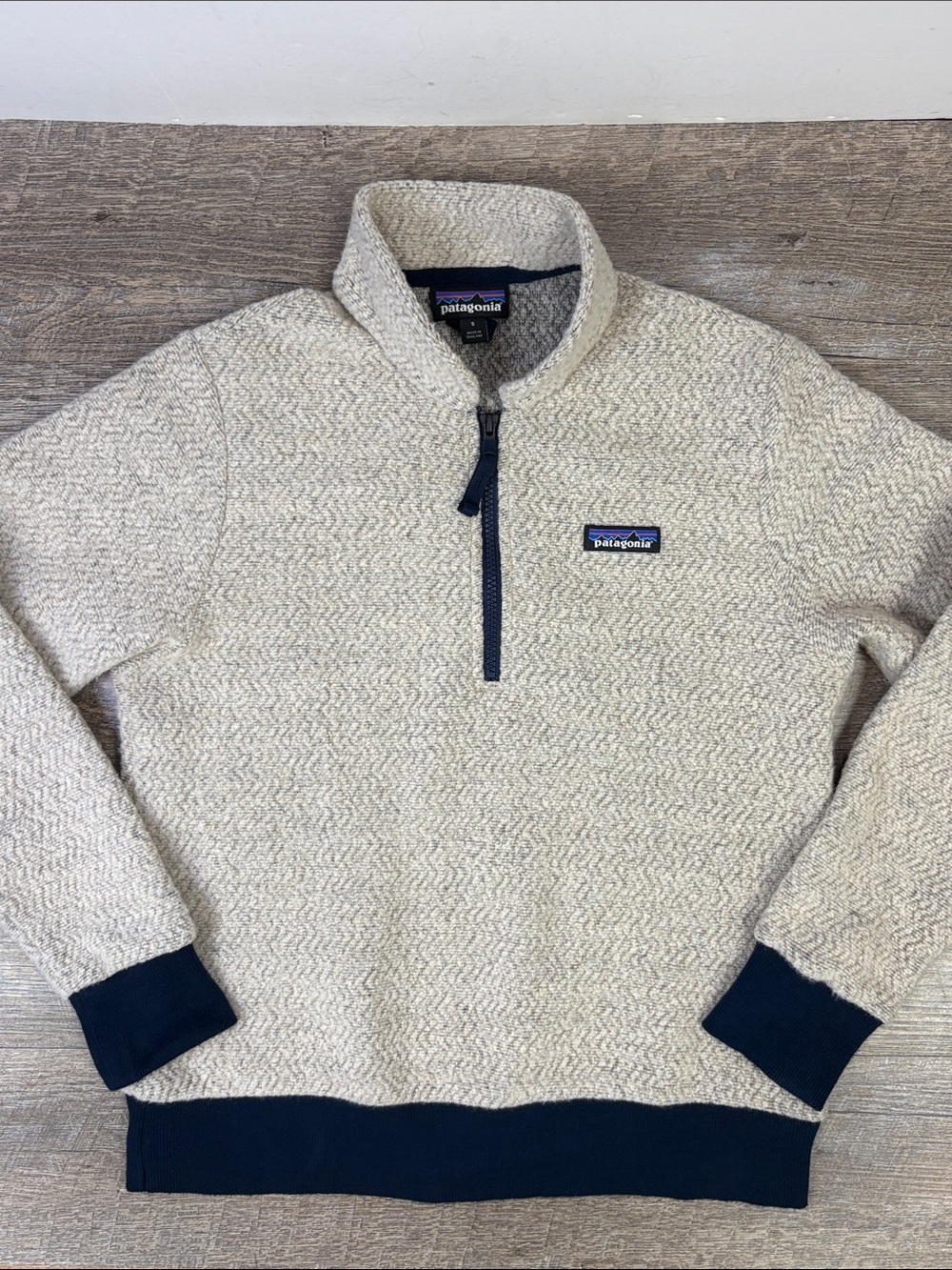 Patagonia Better Sweater Wool Blend 1/4 Zip Pullover Cream Navy Size Small